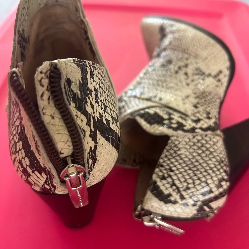 Vince Camuto White and Brown Snake-Print Pointed Ankle Booties - Picture 5 of 5